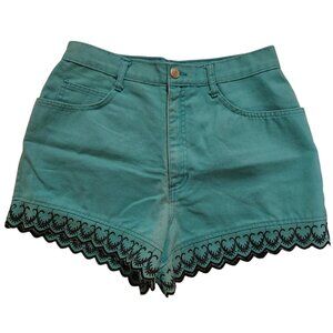 Vintage 90's Pinwheels Women's Size 13 High Waisted Teal Denim Shorts Boho Trim